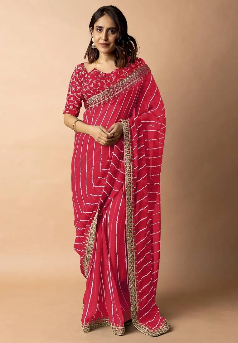 Women's red striped leheriya print embroidered lace border georgette saree with unstiched blouse piece