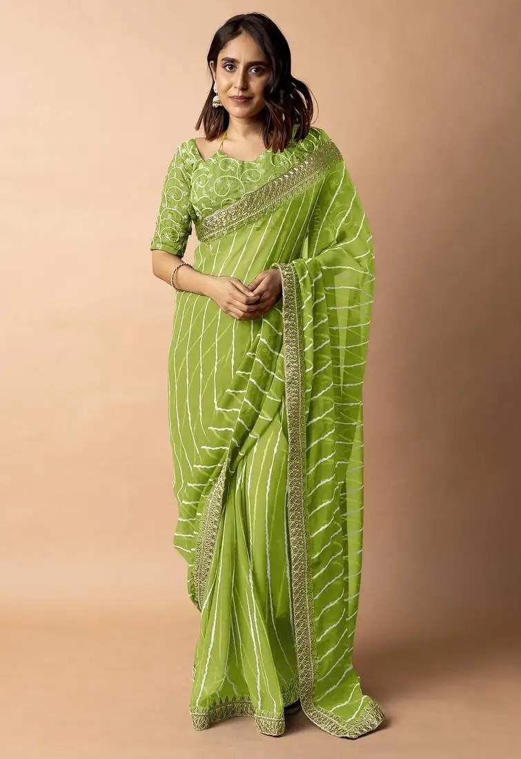 Women's parrot green striped leheriya print embroidered lace border georgette saree with unstiched blouse piece