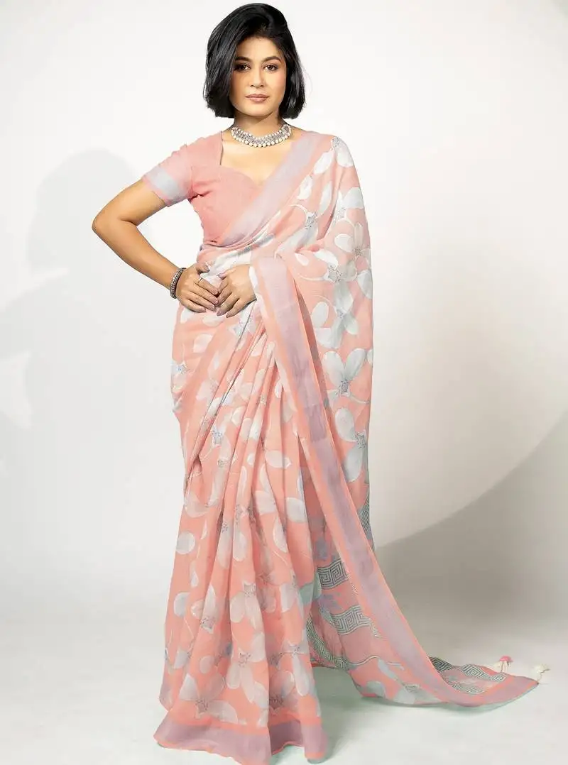 Women's peach floral print silver zari border cotton blend saree with unstiched blouse piece
