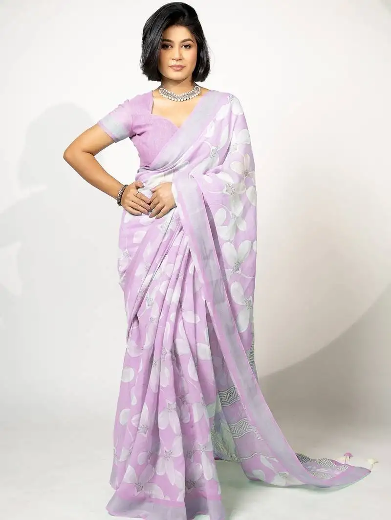 Women's lavender floral print silver zari border cotton blend saree with unstiched blouse piece
