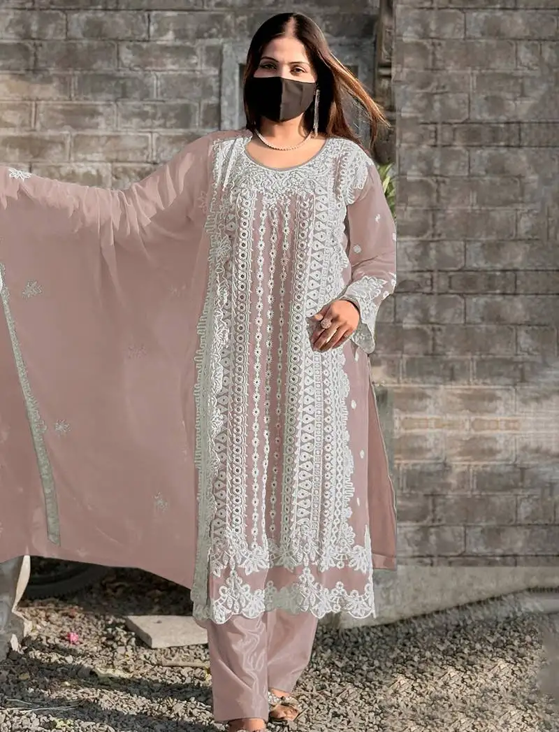 Pink embroidery georgette salwar kameez semi stitched