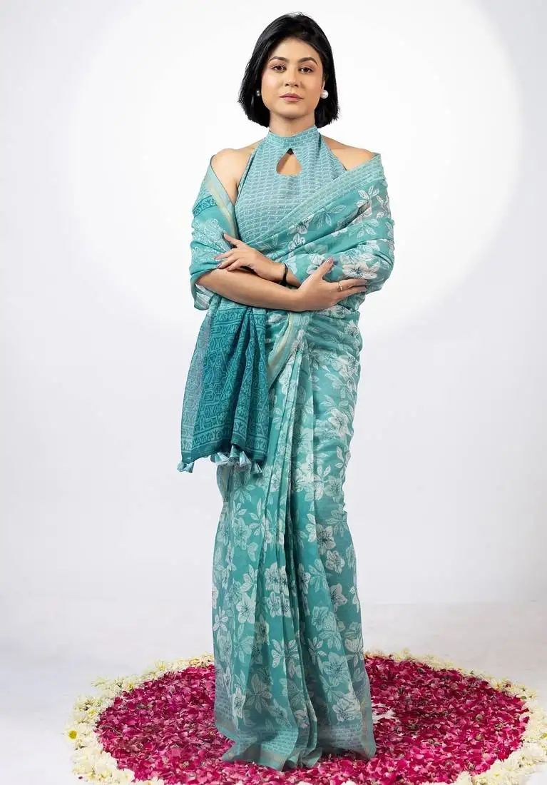 Women's turquoise floral print golden zari border cotton blend saree with unstiched blouse piece