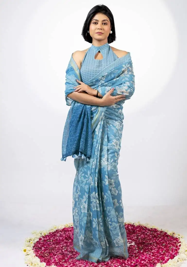 Women's blue floral print golden zari border cotton blend saree with unstiched blouse piece