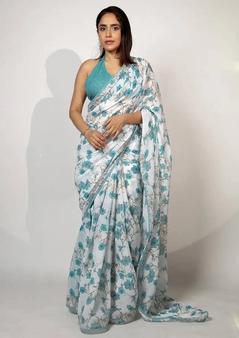 Women's white floral print crochet lace border cotton blend saree with unstiched blouse piece