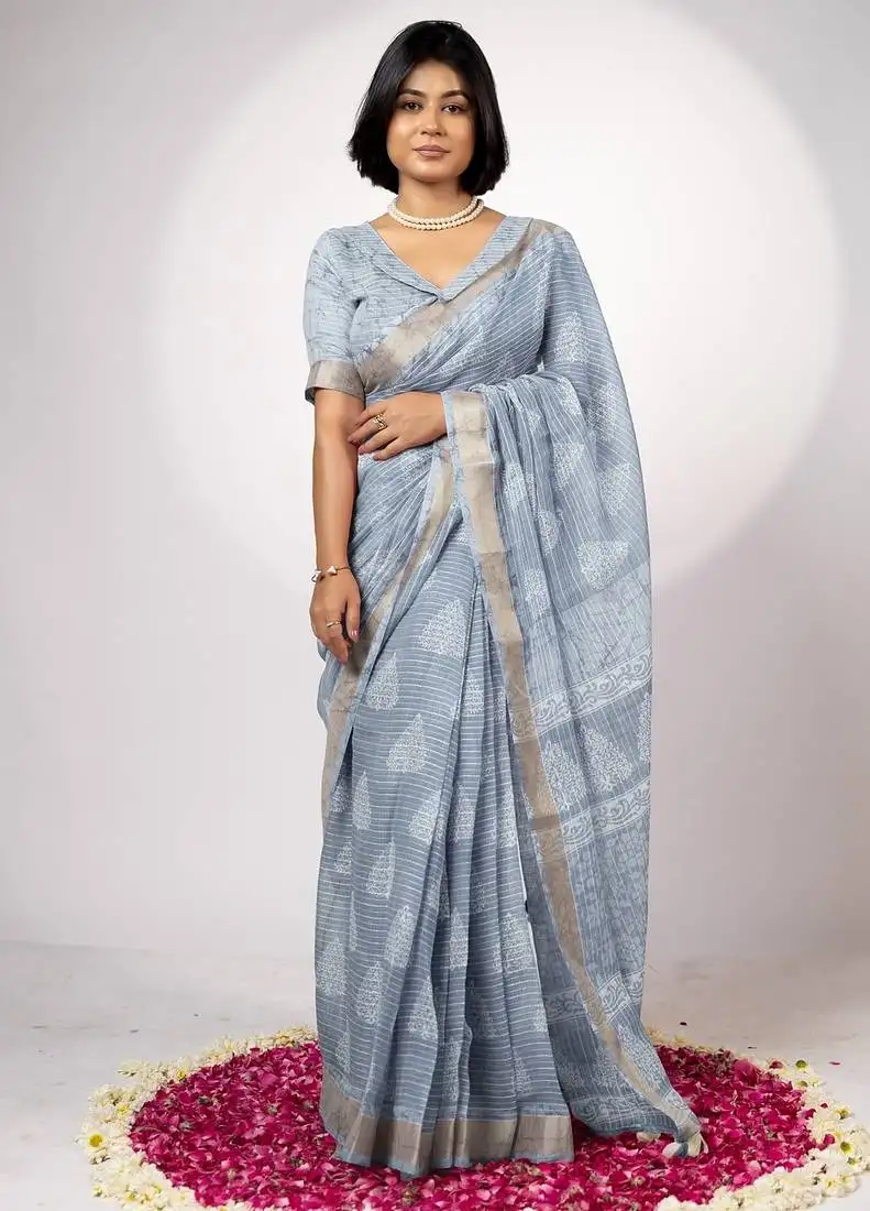 Women's greyish blue block print golden zari woven cotton blend saree with unstiched blouse piece