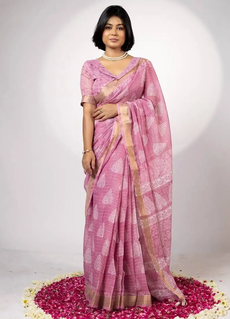 Women's pink block print golden zari woven cotton blend saree with unstiched blouse piece