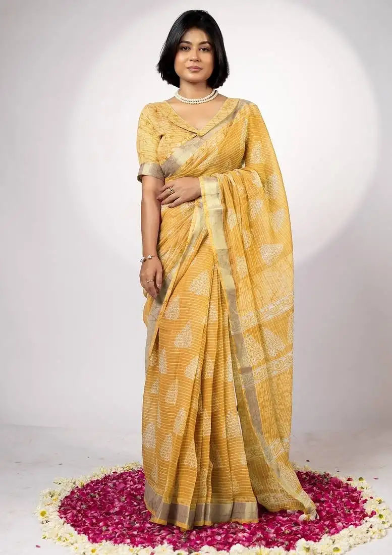 Women's yellow block print golden zari woven cotton blend saree with unstiched blouse piece
