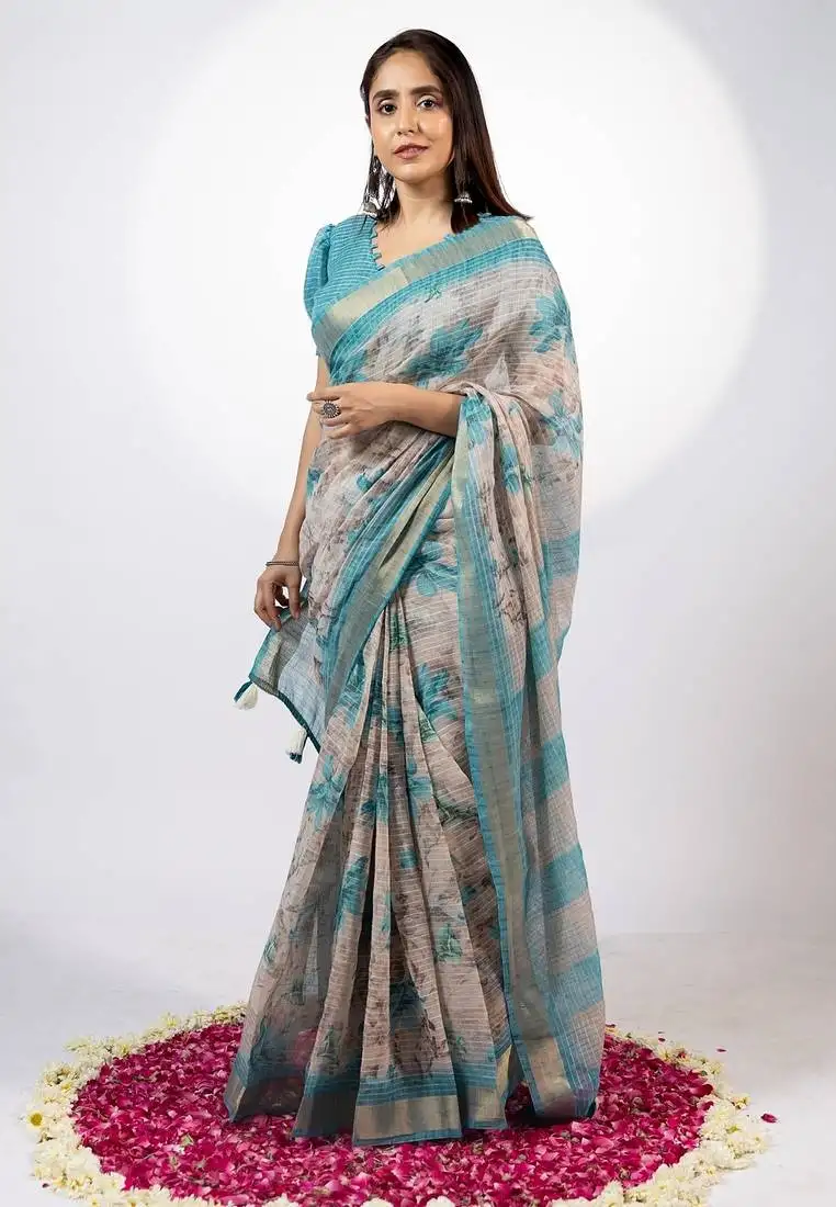 Women's beige floral print golden zari woven cotton blend saree with unstiched blouse piece