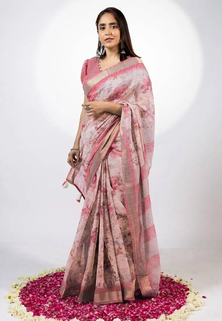 Women's peach floral print golden zari woven cotton blend saree with unstiched blouse piece
