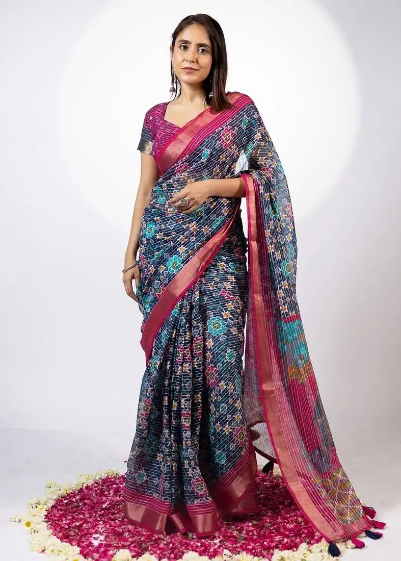 Women's navy blue aztec print golden zari woven cotton blend saree with unstiched blouse piece