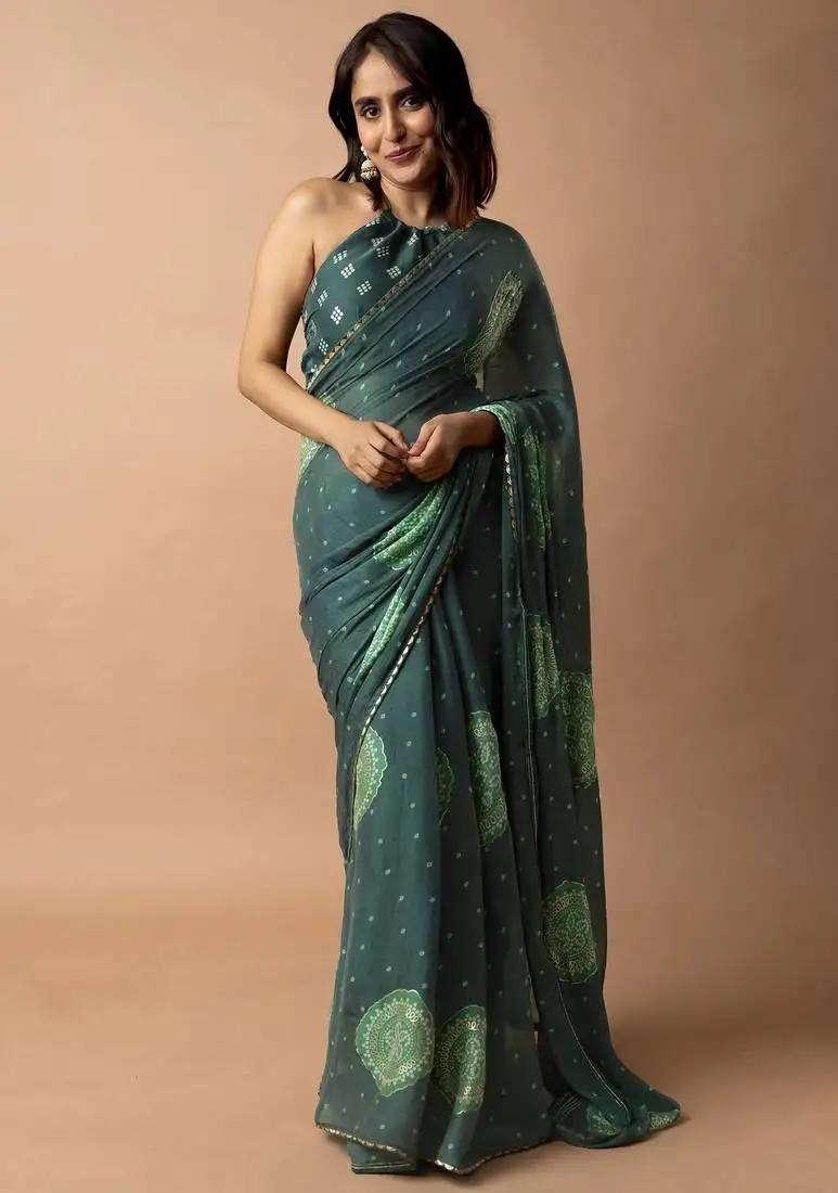 Women's bottle green foil bandhani print golden lace border chiffon saree with unstiched blouse piece