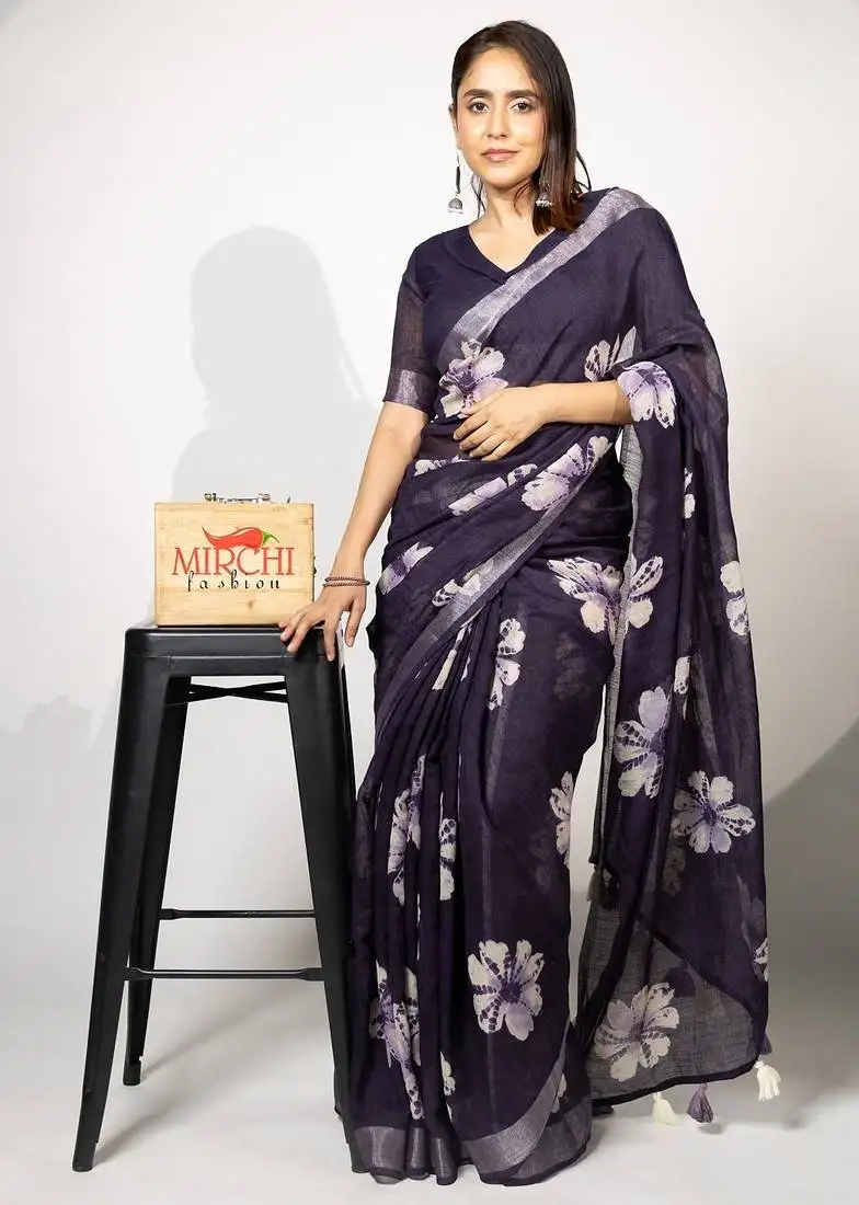 Women's purple floral print silver zari border cotton blend saree with unstiched blouse piece