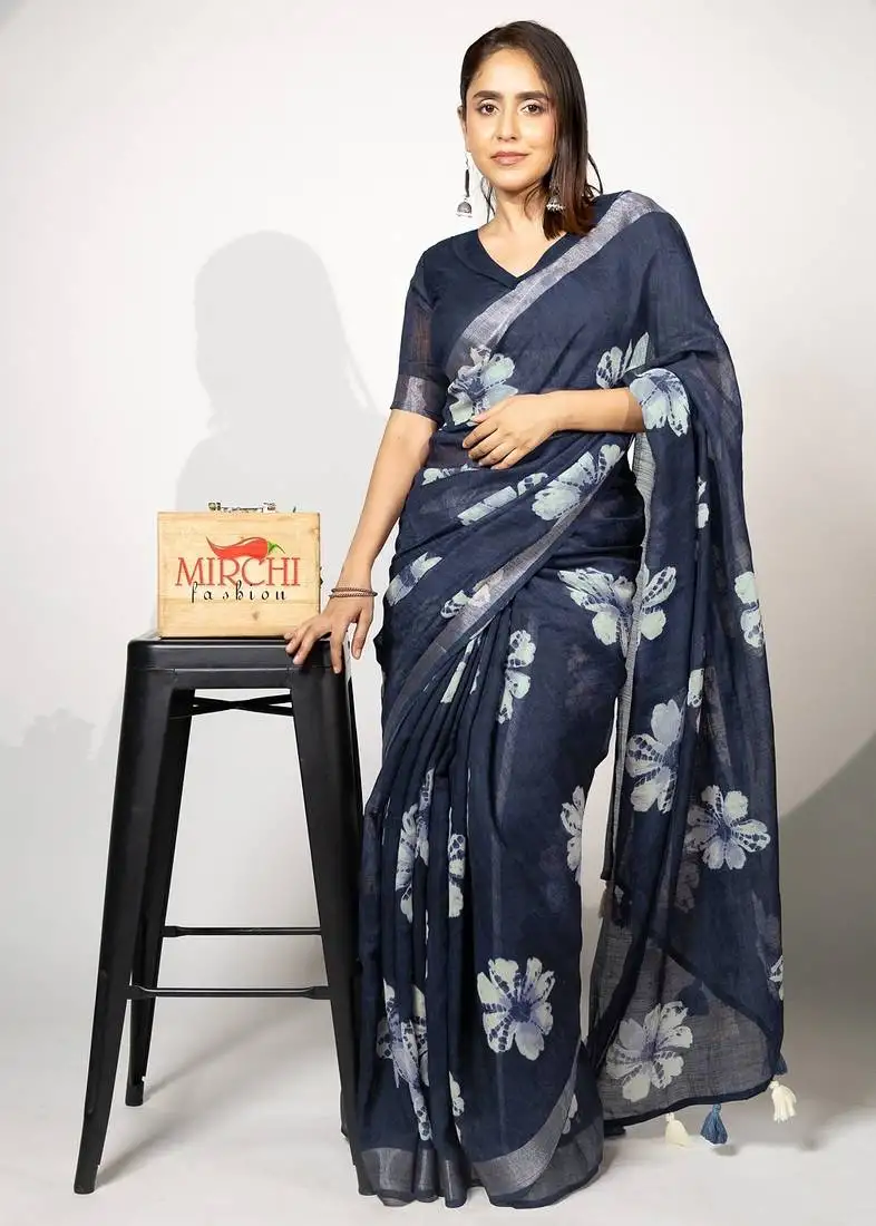 Women's blue floral print silver zari border cotton blend saree with unstiched blouse piece