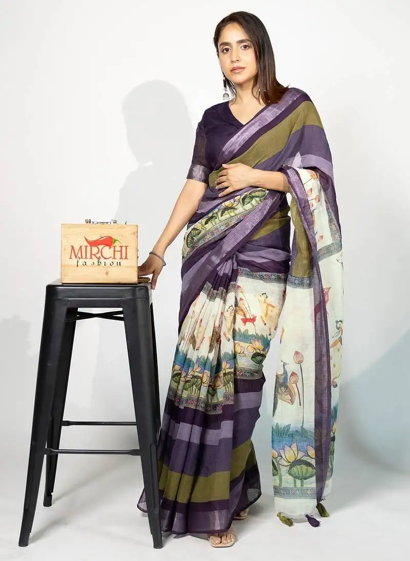 Women's purple madhubani print silver zari border cotton blend saree with unstiched blouse piece
