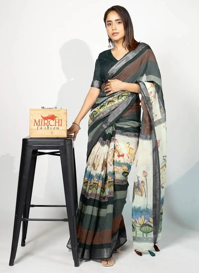 Women's bottle green madhubani print silver zari border cotton blend saree with unstiched blouse piece