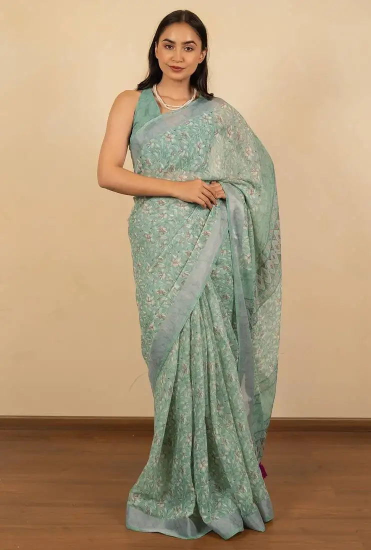 Women's green floral print silver zari border cotton blend saree with unstiched blouse piece