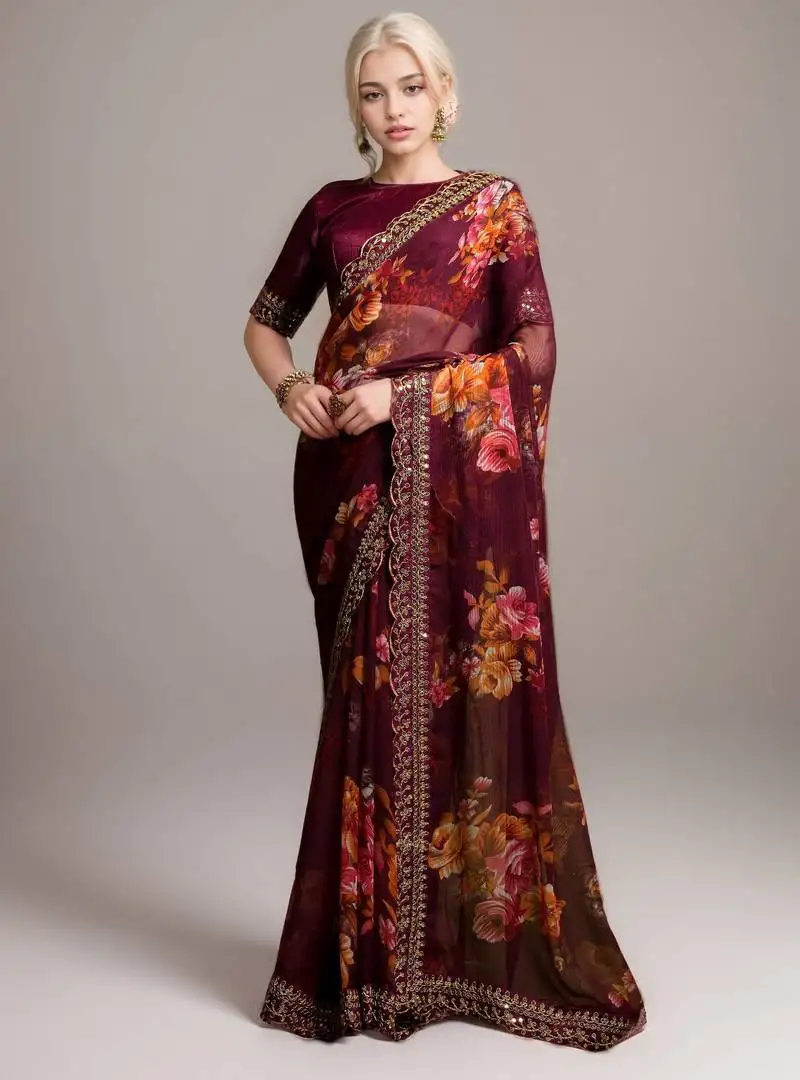 Wine georgette floral printed with embroidered border saree