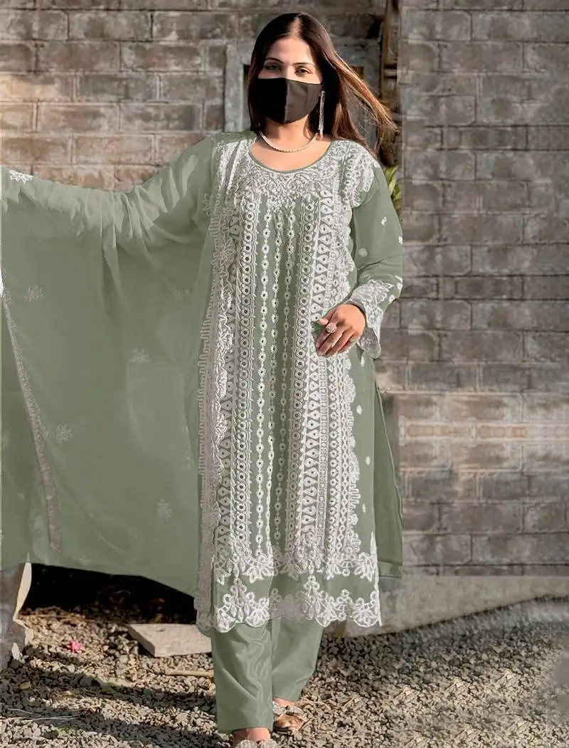 Green embroidery georgette salwar kameez semi stitched