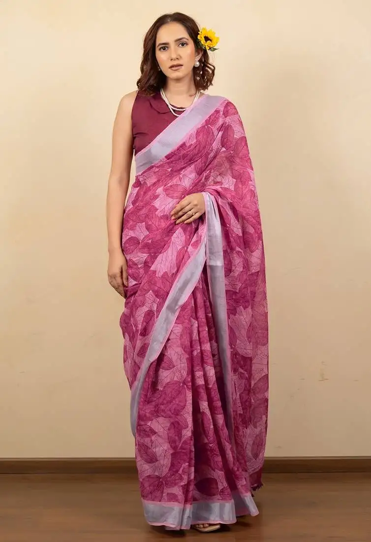 Women's pink floral print silver zari border cotton silk saree with unstiched blouse piece