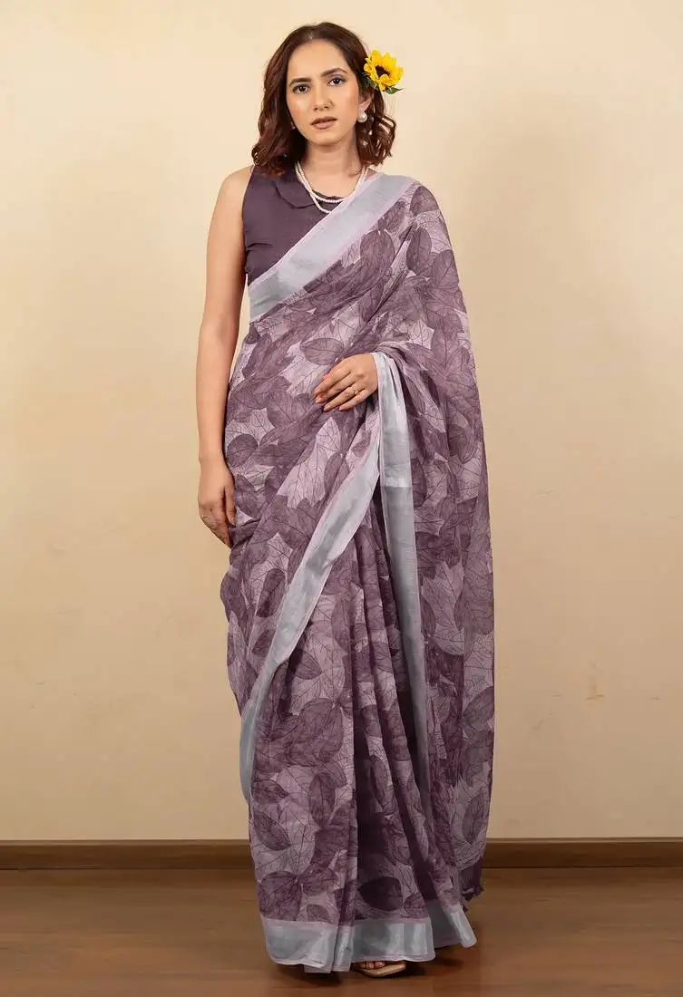 Women's mauve floral print silver zari border cotton silk saree with unstiched blouse piece