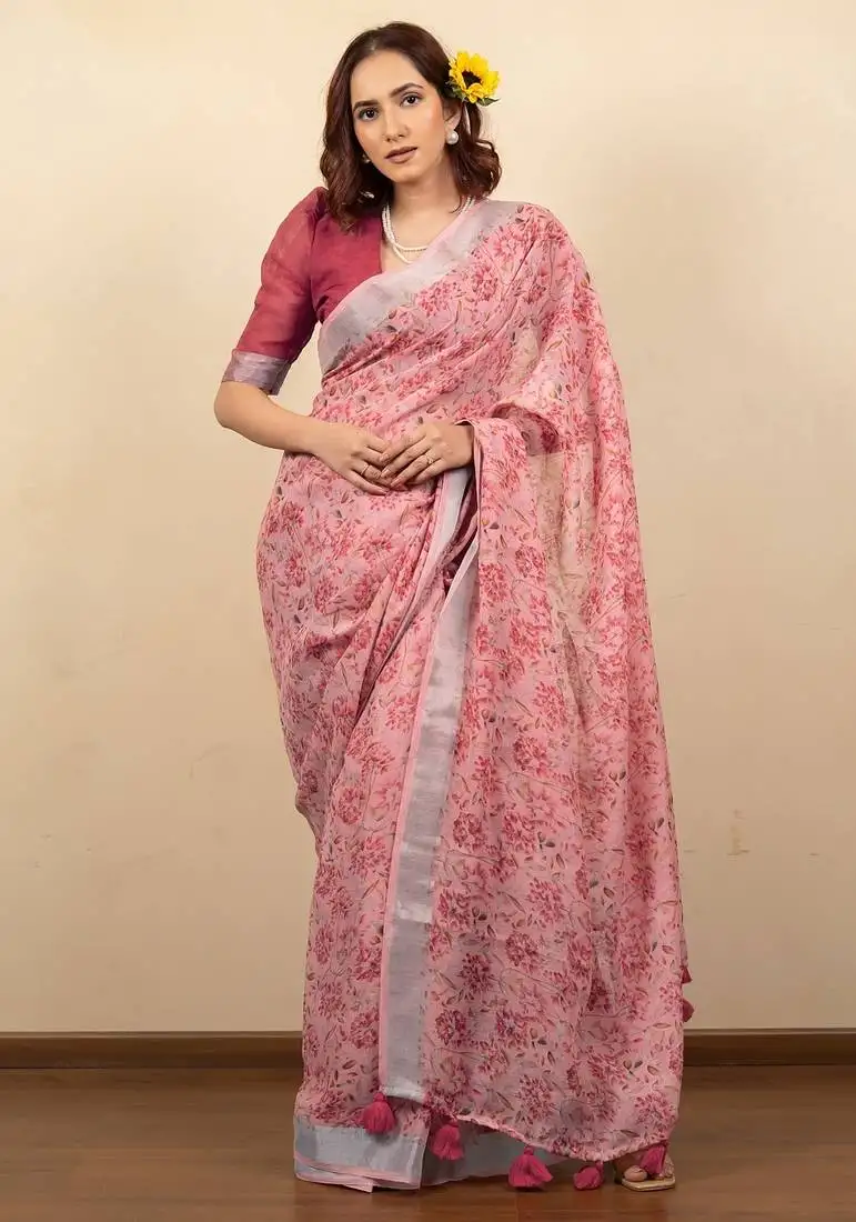 Women's coral pink floral print silver zari border cotton silk saree with unstiched blouse piece