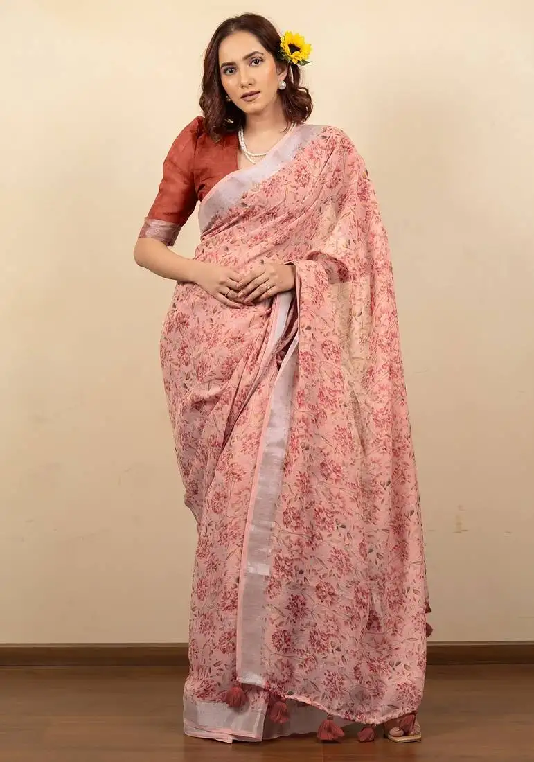 Women's peach floral print silver zari border cotton silk saree with unstiched blouse piece