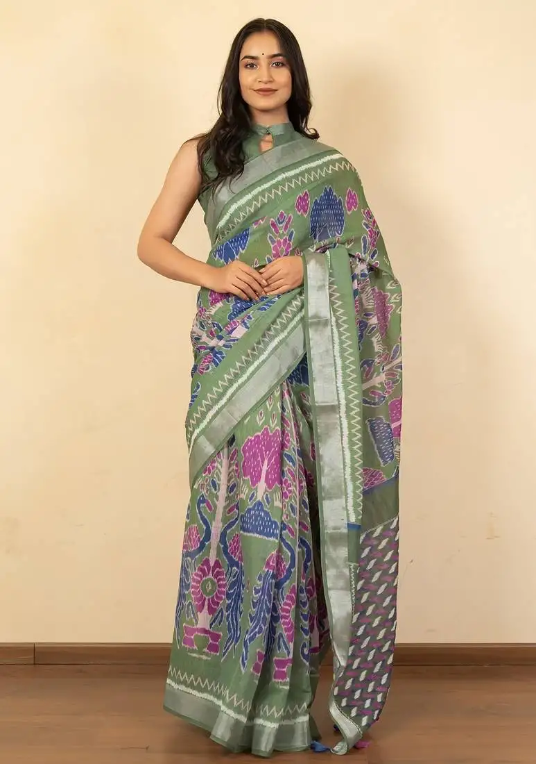 Women's green ikkat print silver zari border cotton silk saree with unstiched blouse piece