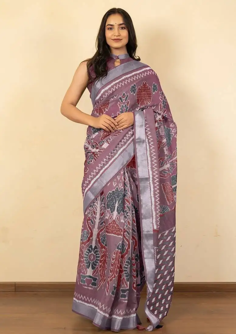 Women's rose pink ikkat print silver zari border cotton silk saree with unstiched blouse piece