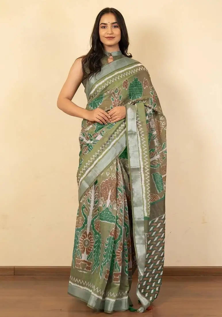 Women's olive green ikkat print silver zari border cotton silk saree with unstiched blouse piece