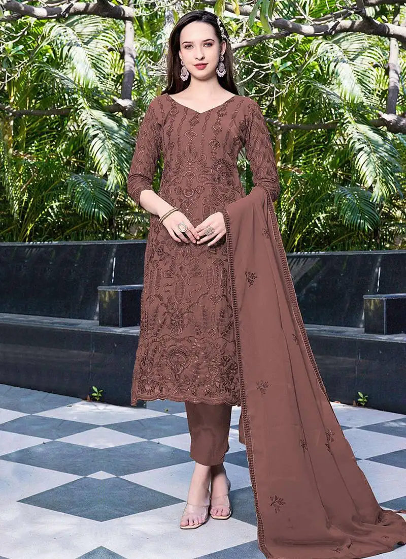 Brown embroidery sequence work georgette salwar kameez semi stitched