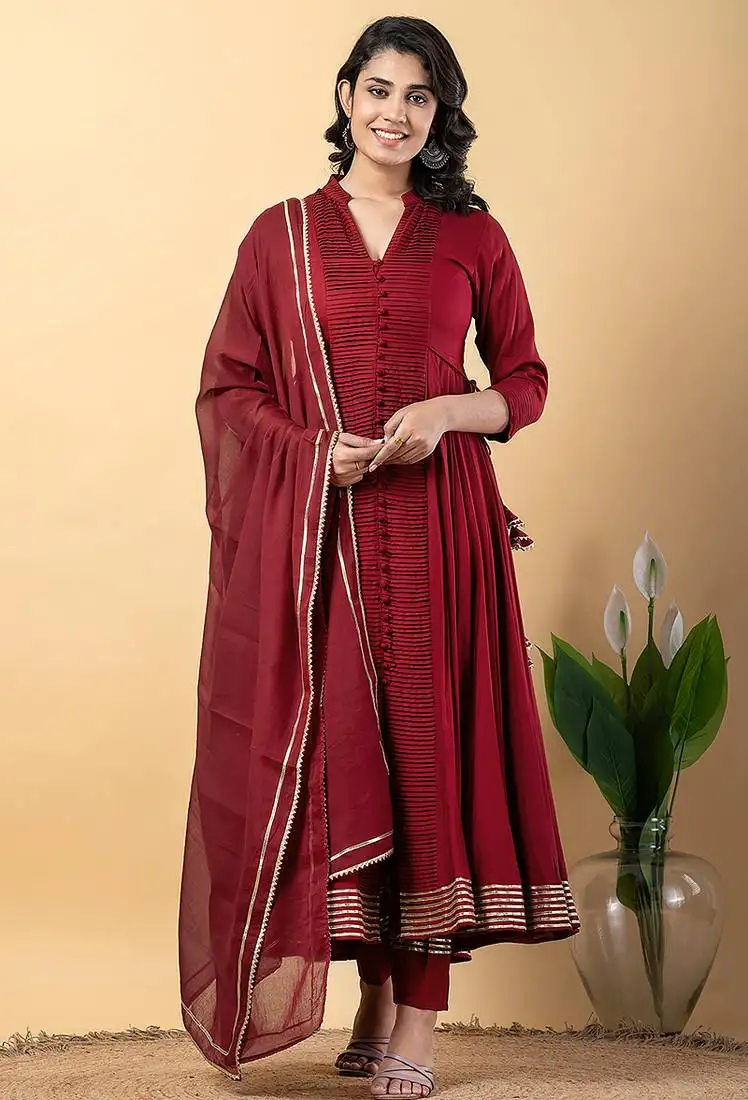 Maroon gotta patti rayon stiched anarkali style pant with kurta set stitched