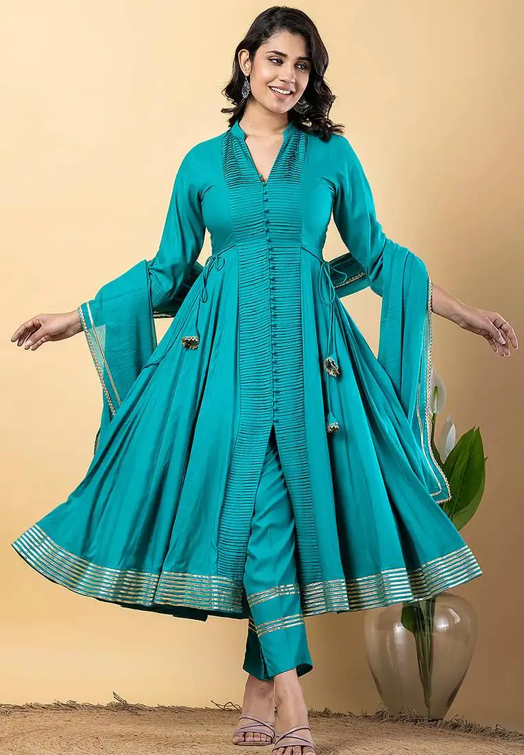 Sea-green gotta patti rayon stiched anarkali style pant with kurta set stitched