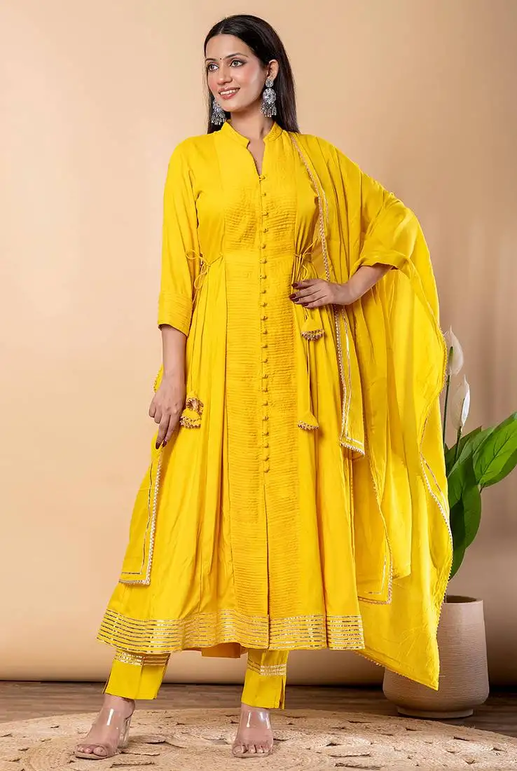 Yellow gotta patti rayon stiched anarkali style pant with kurta set stitched