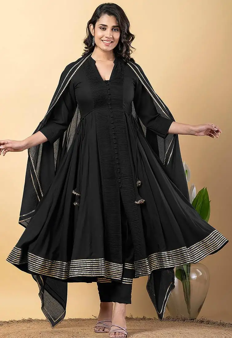 Black gotta patti rayon stiched anarkali style pant with kurta set stitched