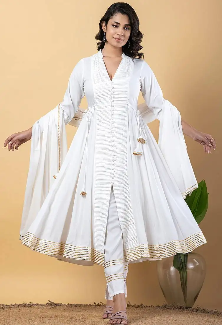 White gotta patti rayon stiched anarkali style pant with kurta set stitched
