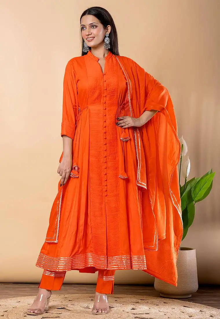 Orange gotta patti rayon stiched anarkali style pant with kurta set stitched