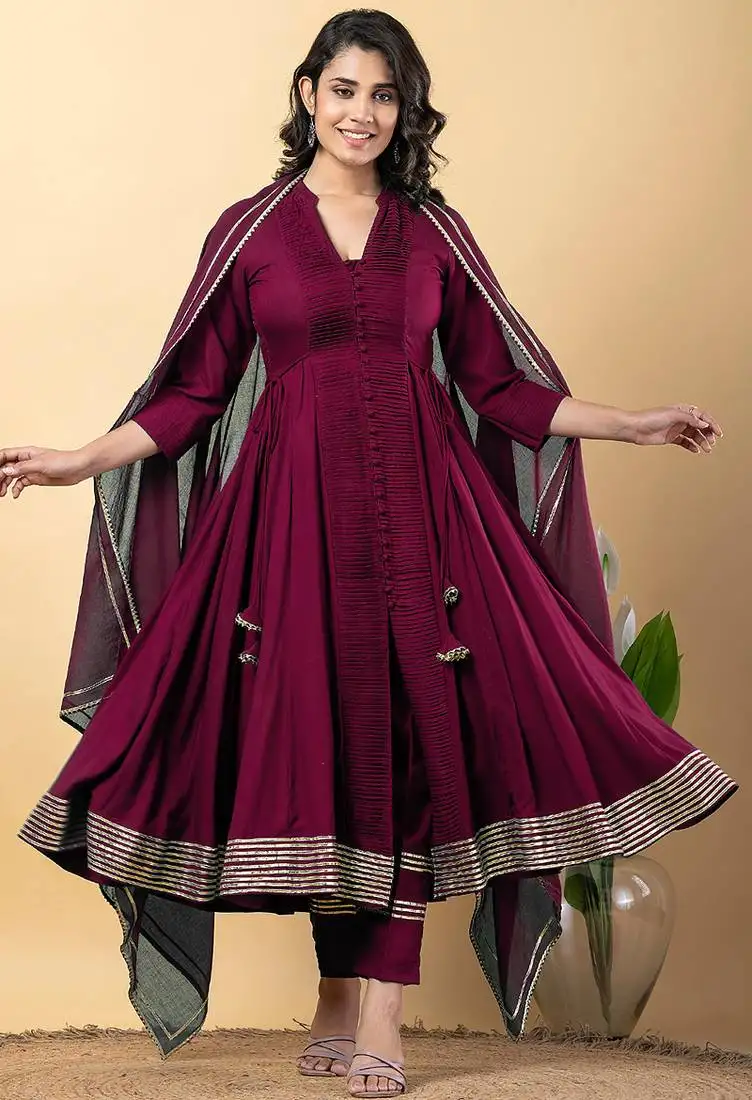 Purple gotta patti rayon stiched anarkali style pant with kurta set stitched