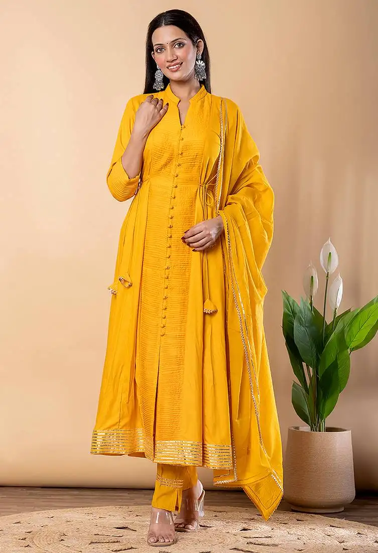 Mustard gotta patti rayon stiched anarkali style pant with kurta set stitched