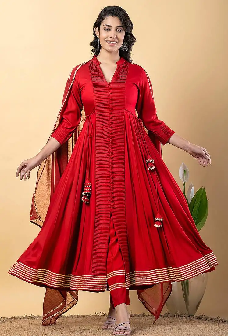 Red gotta patti rayon stiched anarkali style pant with kurta set stitched
