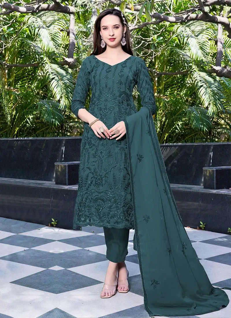 Teal-blue embroidery sequence work georgette salwar kameez semi stitched