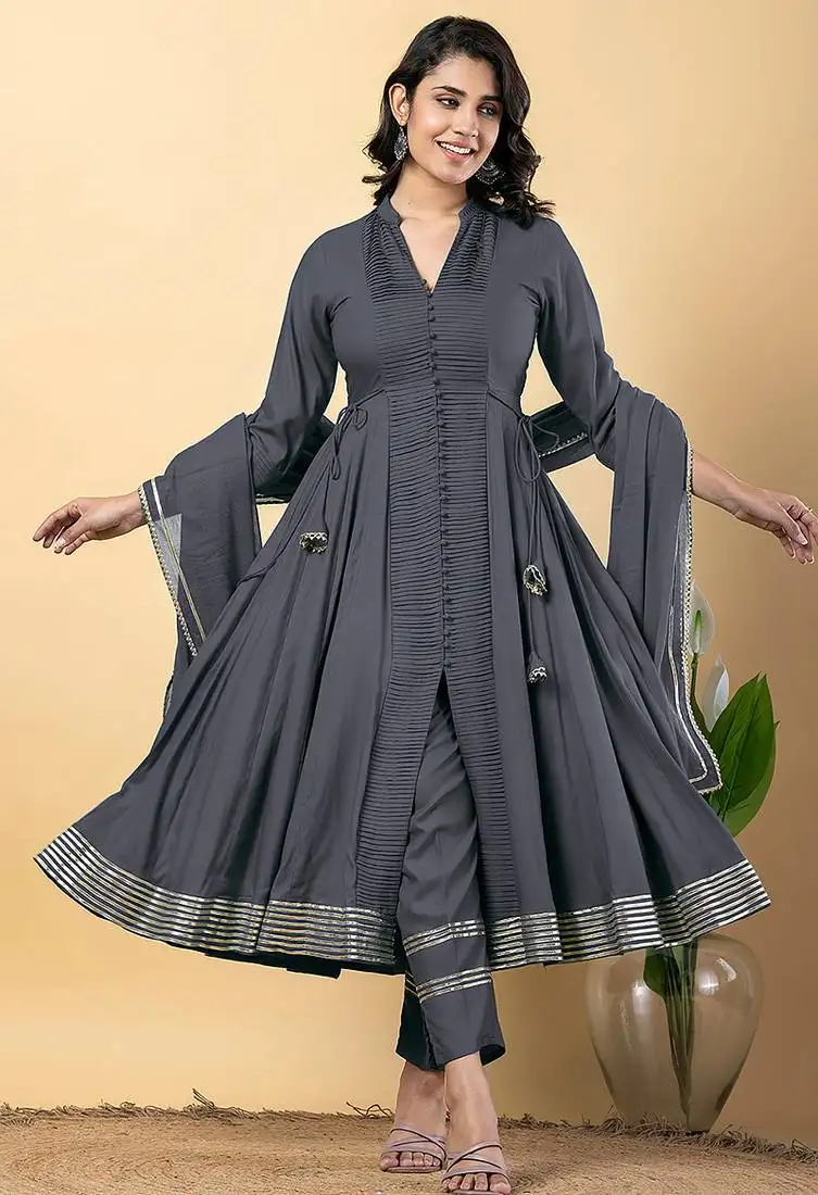 Grey gotta patti rayon stiched anarkali style pant with kurta set stitched
