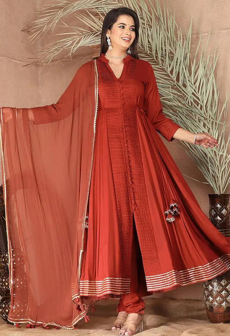 Peach gotta patti rayon stiched anarkali style pant with kurta set stitched