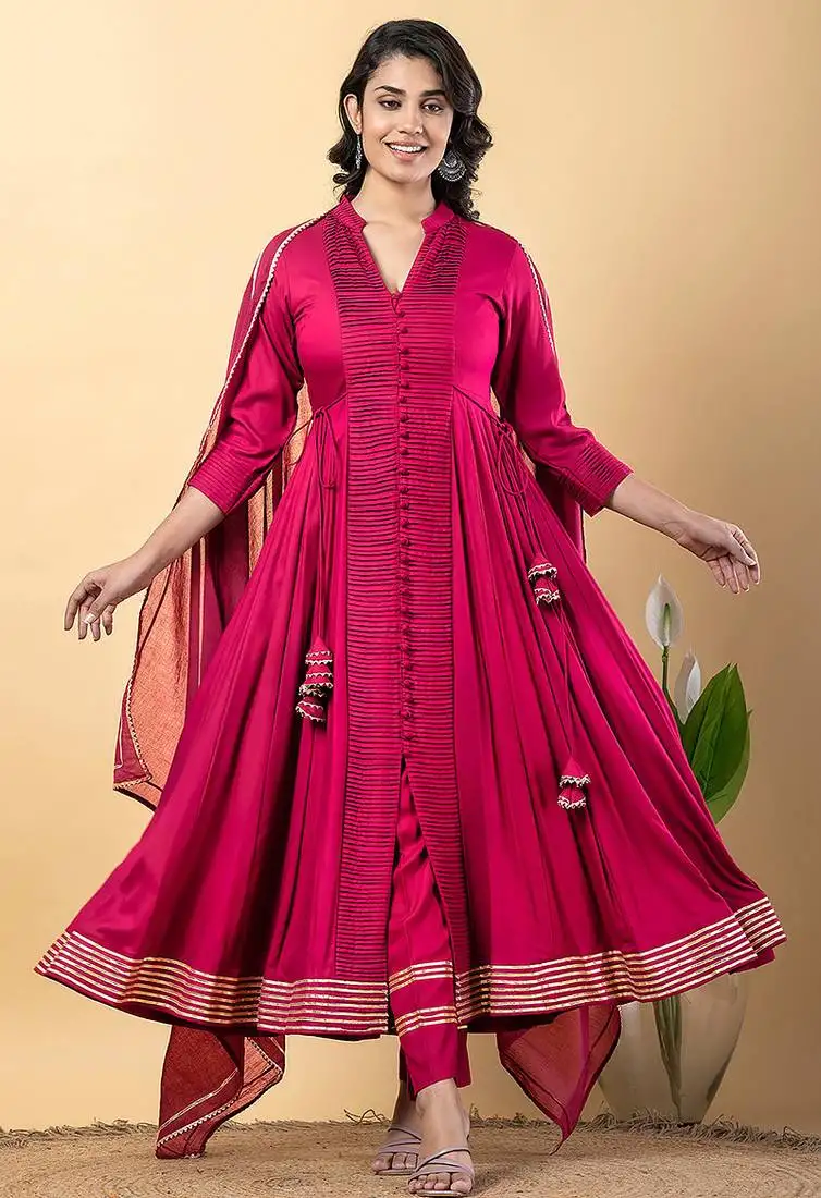 Pink gotta patti rayon stiched anarkali style pant with kurta set stitched