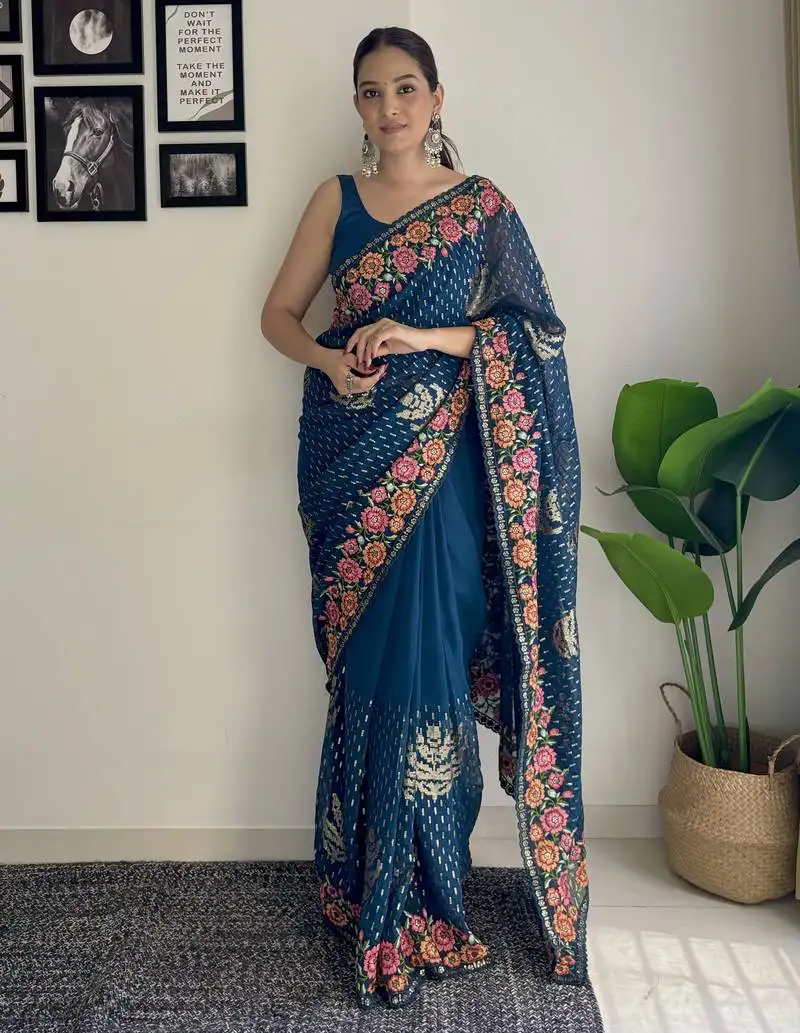 Teal thread sequince embroidery work georgette saree with blouse piece