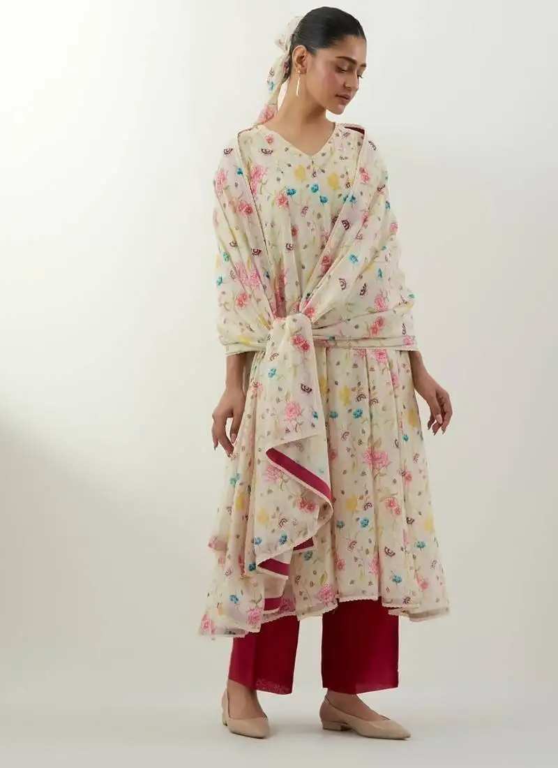 Ivory printed chanderi kurta set
