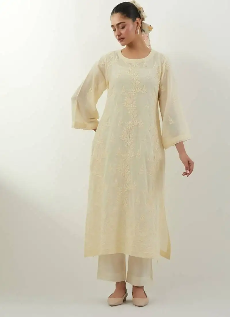 Cream embroidered cotton kurta set
