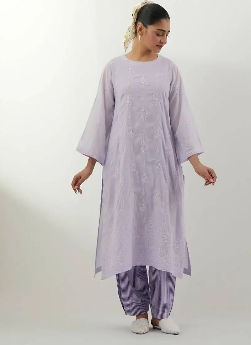 Lavender embroidered cotton kurta set