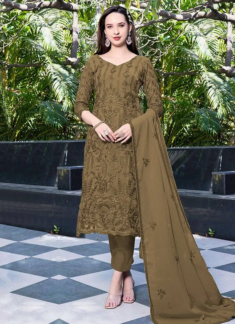 Mustard embroidery sequence work georgette salwar kameez semi stitched