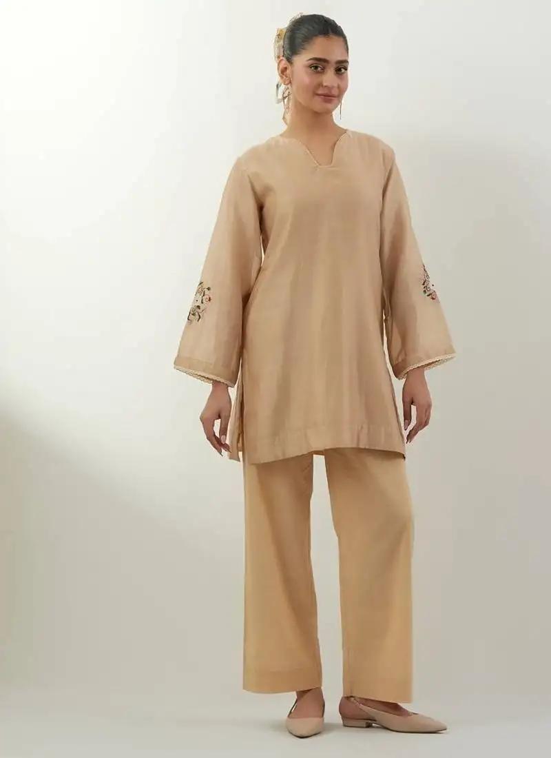 Beige plain chanderi kurta set