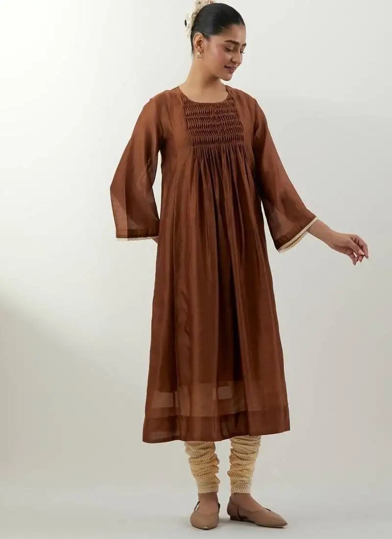 Brown plain chanderi kurta set